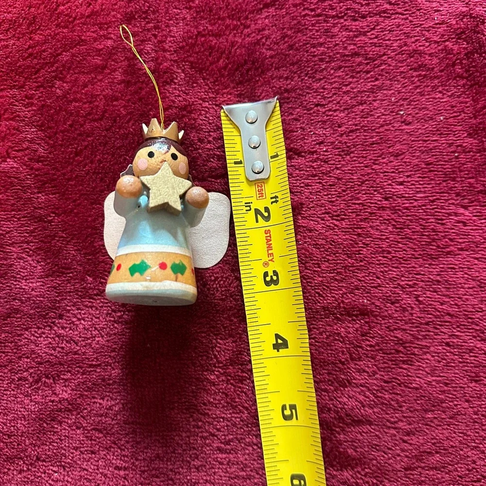 Vintage Wooden Angel Christmas Ornament Blue‎ Gold Star Crown Painted Folk Art
